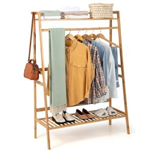 giantex 3 tier bamboo clothing rack with shelves, heavy duty freestanding clothes organizer rack with coat hooks, anti-toppling device, cloth hanger standing garment racks for for hanging clothes