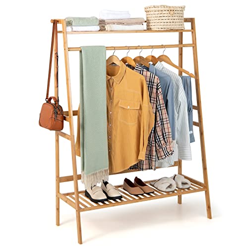 Giantex 3 Tier Bamboo Clothing Rack with Shelves, Heavy Duty Freestanding Clothes Organizer Rack with Coat Hooks, Anti-toppling Device, Cloth Hanger Standing Garment Racks for for Hanging Clothes