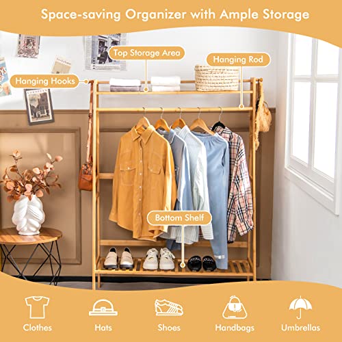 Giantex 3 Tier Bamboo Clothing Rack with Shelves, Heavy Duty Freestanding Clothes Organizer Rack with Coat Hooks, Anti-toppling Device, Cloth Hanger Standing Garment Racks for for Hanging Clothes