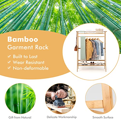 Giantex 3 Tier Bamboo Clothing Rack with Shelves, Heavy Duty Freestanding Clothes Organizer Rack with Coat Hooks, Anti-toppling Device, Cloth Hanger Standing Garment Racks for for Hanging Clothes