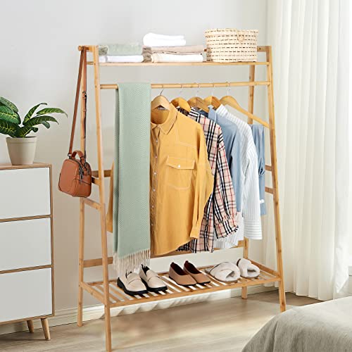 Giantex 3 Tier Bamboo Clothing Rack with Shelves, Heavy Duty Freestanding Clothes Organizer Rack with Coat Hooks, Anti-toppling Device, Cloth Hanger Standing Garment Racks for for Hanging Clothes