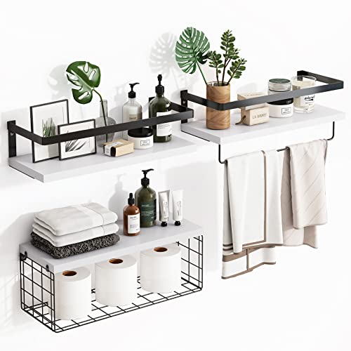 Fixwal 3+1 Tier Wall Mounted Floating Shelves with Metal Frame, Rustic Wood Bathroom Shelves Over Toilet with Wire Storage Basket and Towel Bar for Bathroom, Kitchen, Bedroom (White)