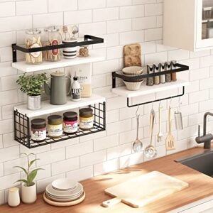 Fixwal 3+1 Tier Wall Mounted Floating Shelves with Metal Frame, Rustic Wood Bathroom Shelves Over Toilet with Wire Storage Basket and Towel Bar for Bathroom, Kitchen, Bedroom (White)