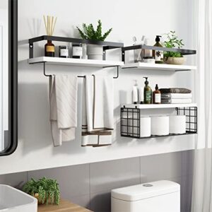 Fixwal 3+1 Tier Wall Mounted Floating Shelves with Metal Frame, Rustic Wood Bathroom Shelves Over Toilet with Wire Storage Basket and Towel Bar for Bathroom, Kitchen, Bedroom (White)