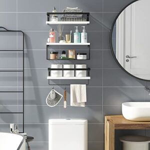 Fixwal 3+1 Tier Wall Mounted Floating Shelves with Metal Frame, Rustic Wood Bathroom Shelves Over Toilet with Wire Storage Basket and Towel Bar for Bathroom, Kitchen, Bedroom (White)