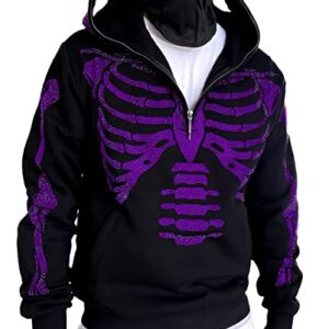 Easyoyo Skeleton 1/4 Zip Up Hoodie for Men Women, Gothic Diamond Glitter Oversize Grunge Punk Dark Sweatshirt