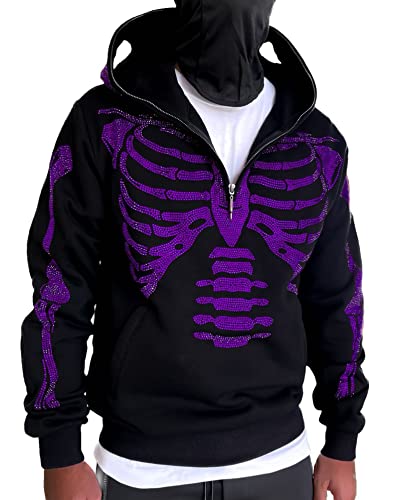 Easyoyo Skeleton 1/4 Zip Up Hoodie for Men Women, Gothic Diamond Glitter Oversize Grunge Punk Dark Sweatshirt