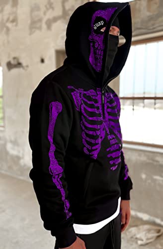 Easyoyo Skeleton 1/4 Zip Up Hoodie for Men Women, Gothic Diamond Glitter Oversize Grunge Punk Dark Sweatshirt