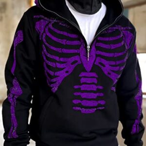 Easyoyo Skeleton 1/4 Zip Up Hoodie for Men Women, Gothic Diamond Glitter Oversize Grunge Punk Dark Sweatshirt