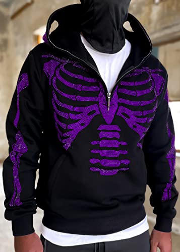 Easyoyo Skeleton 1/4 Zip Up Hoodie for Men Women, Gothic Diamond Glitter Oversize Grunge Punk Dark Sweatshirt