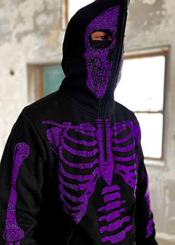 Easyoyo Skeleton 1/4 Zip Up Hoodie for Men Women, Gothic Diamond Glitter Oversize Grunge Punk Dark Sweatshirt