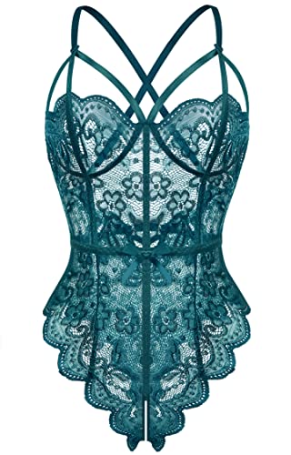 Fayenne Lingerie for Women Teddy Lingerie Floral Lace One Piece Babydoll Lingerie Deep V Bodysuit Strappy Lingerie Dark Green