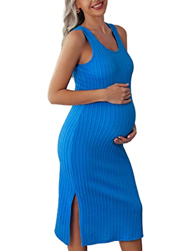 Ekouaer Lady Knit Ribbed Maternity Tank Dress Side Slit Bodycon Nightgowns for Baby Shower (Snorkel Blue, L)