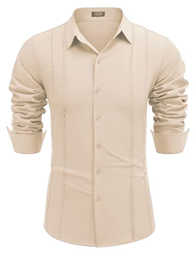 COOFANDY Men's Linen Shirts Casual Cuban Guayabera Shirt Long Sleeve Beach Shirts Beige