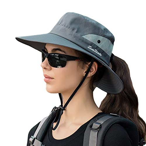 PFFY Ponytail Sun Hat for Women 3” Wide Brim UPF 50+ Bucket Fishing Beach Hats Grey