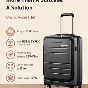 LUGGEX Carry On Luggage 22x14x9 Airline Approved with Laptop Compartment, PC Hard Shell Luggage with USB Port, Black Suitcase with Spinner Wheels