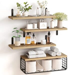 fixwal 4+1 tier floating shelves, rustic wood wall shelf, bathroom shelves over toilet with wire storage basket, farmhouse wall decor for bedroom, kitchen, living room and plants (rustic brown)