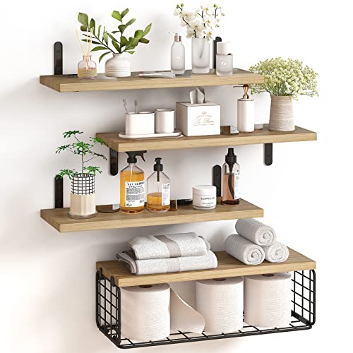 Fixwal 4+1 Tier Floating Shelves, Rustic Wood Wall Shelf, Bathroom Shelves Over Toilet with Wire Storage Basket, Farmhouse Wall Decor for Bedroom, Kitchen, Living Room and Plants (Rustic Brown)