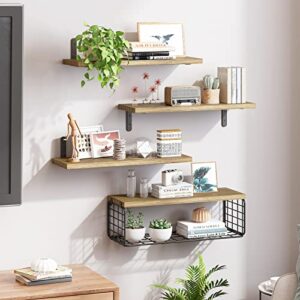 Fixwal 4+1 Tier Floating Shelves, Rustic Wood Wall Shelf, Bathroom Shelves Over Toilet with Wire Storage Basket, Farmhouse Wall Decor for Bedroom, Kitchen, Living Room and Plants (Rustic Brown)