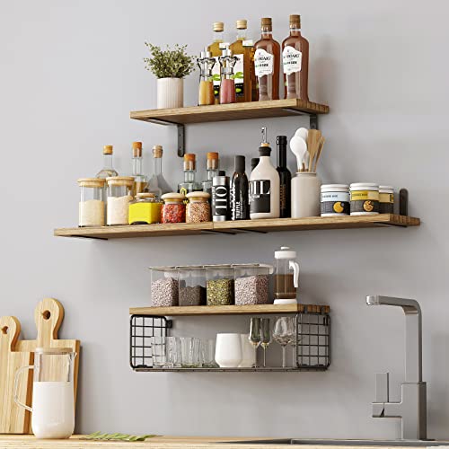 Fixwal 4+1 Tier Floating Shelves, Rustic Wood Wall Shelf, Bathroom Shelves Over Toilet with Wire Storage Basket, Farmhouse Wall Decor for Bedroom, Kitchen, Living Room and Plants (Rustic Brown)