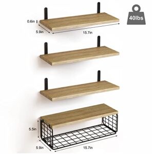 Fixwal 4+1 Tier Floating Shelves, Rustic Wood Wall Shelf, Bathroom Shelves Over Toilet with Wire Storage Basket, Farmhouse Wall Decor for Bedroom, Kitchen, Living Room and Plants (Rustic Brown)