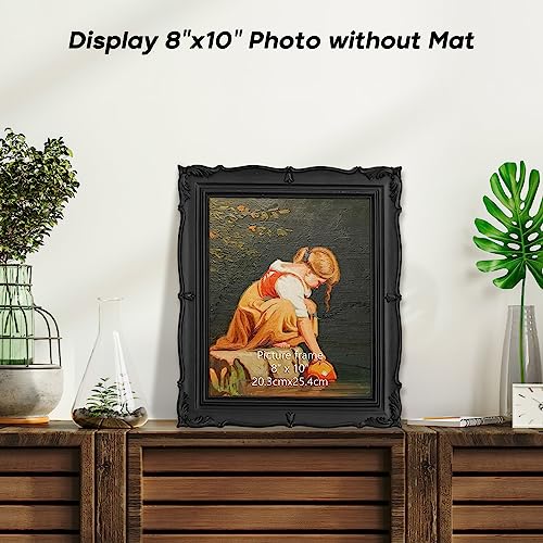 PHAREGE Vintage 8x10 Black Picture Frame, Ornate 5x7 Picture Frame with Mat or 8x10 Photo Frame without Mat, Antique Decor for Tabletop or Wall Display, 1 Pack