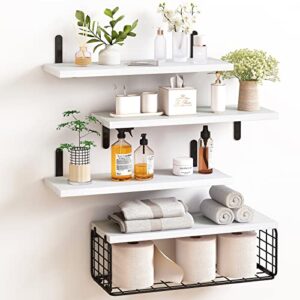 fixwal 4+1 tier floating shelves, rustic wood wall mounted shelf, bathroom shelves over toilet with wire storage basket, farmhouse wall decor for bedroom, kitchen, living room and plants (white)