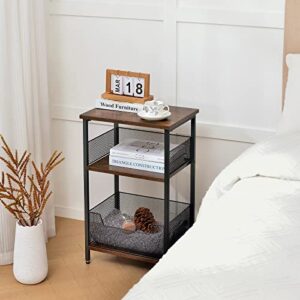 Dunatou 3-Tier Multifunctional End Table,Industrial Retro Small Side Table,Free Standing Shelf for Small Spaces Living Room Bedroom Kitchen and Office,Stable Wood and Metal Frame with Storage