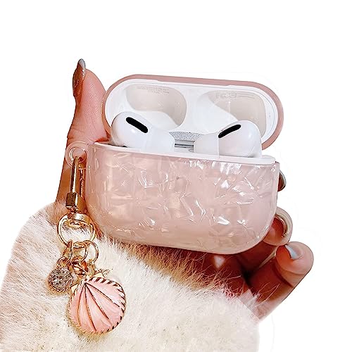 PHOEACC Cute Airpod Pro 2 Case (2022) with Glitter Shell Pearl Keychain Marble Hard TPU Protective Cover Compatible with AirPods Pro 2nd Generation Case for Girls Teens Women (Pink)