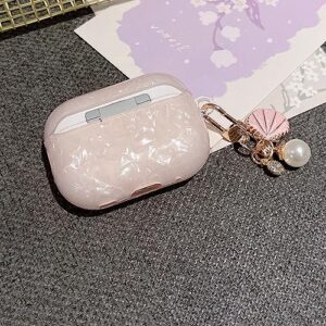 PHOEACC Cute Airpod Pro 2 Case (2022) with Glitter Shell Pearl Keychain Marble Hard TPU Protective Cover Compatible with AirPods Pro 2nd Generation Case for Girls Teens Women (Pink)