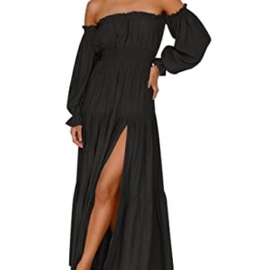 ZESICA Women's 2023 Boho Sexy Off Shoulder Long Sleeve Smocked High Waist Side Split Flowy A Line Tiered Long Maxi Dress,DarkBlack,Large