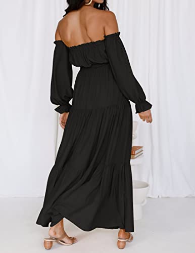 ZESICA Women's 2023 Boho Sexy Off Shoulder Long Sleeve Smocked High Waist Side Split Flowy A Line Tiered Long Maxi Dress,DarkBlack,Large