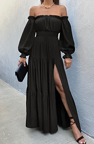 ZESICA Women's 2023 Boho Sexy Off Shoulder Long Sleeve Smocked High Waist Side Split Flowy A Line Tiered Long Maxi Dress,DarkBlack,Large