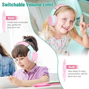rockpapa Share 1 Kids Headphones Wired with Microphone & Share Port, 85dB/94dB Volume Limited, Cute Foldable Student Child Boys Girls Headphones for School/Classroom/Travel Pink/Green