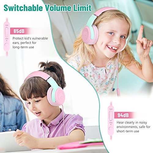 rockpapa Share 1 Kids Headphones Wired with Microphone & Share Port, 85dB/94dB Volume Limited, Cute Foldable Student Child Boys Girls Headphones for School/Classroom/Travel Pink/Green