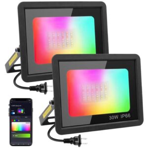 outdoor rgb led flood lights - 300w equiv colored changing spotlight dimmable ip66 waterproof halloween strobe lights with plug outside smart wifi color alexa 30w floodlight for party garden 丨 2 pack