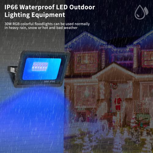 Outdoor RGB LED Flood Lights - 300W Equiv Colored Changing Spotlight Dimmable IP66 Waterproof Halloween Strobe Lights with Plug Outside Smart WiFi Color Alexa 30W Floodlight for Party Garden 丨 2 Pack