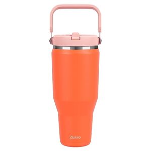 zukro 40 oz tumbler with flip straw, leak proof stainless steel tumbler with top handle on lid, no sweat insulated water bottle fit in cup holder for outdoors, keep drinks cold 24 hours, grapefruit