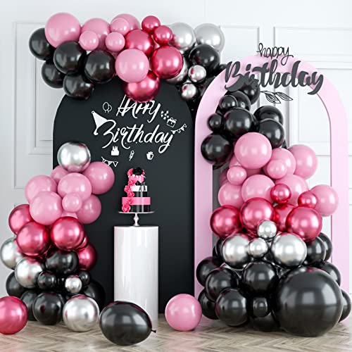 Pink Black Balloon Garland Kit, Pink Black and Silver Balloon Garland Kit, Pink Black Balloons Arch for Girl and Women Birthday Party, Black Pink Balloon Garland for Valentine'S Day Party Decorations