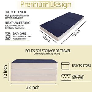 MAXYOYO Foldable Mattress, Memory Foam Trifold Mattress Camping Mattress 4 Inch, Portable Floor Mattress Folding Bed with Washable Cover Cot Folding Mattress for Travel, Van, Guest, Navy, 32x75 Inch