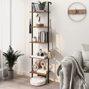 tohomeor industrial bookshelf wall mounted 5-tiers ladder shelf wooden and metal narrow thin bookshelf open display storage rack for living room bedroom home office (rustic brown, small)