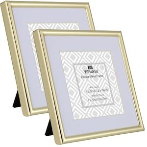 yipinyin 4x4'' sqaure gold metal picture frame with mat for 3x 3'' set of 2, narrow plated metal photo frames 3x3'' with soft touch velvet backing for desktop