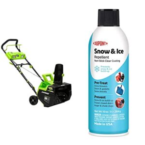 earthwise sn74018 cordless electric 40-volt 4ah brushless motor, 18-inch snow thrower, 500lbs/minute, with led spotlight (battery and charger included) & dupont teflon snow and ice repellant, 10-ounce