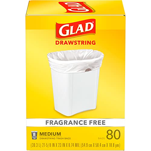 Glad Medium Drawstring Trash Bags, 8 Gallon, White, Fragrance Free, 80 Count, Pack May Vary