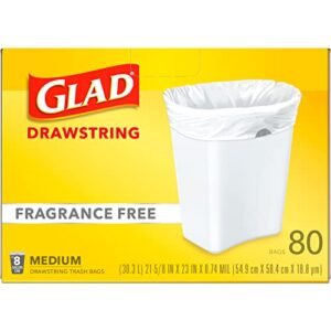 Glad Medium Drawstring Trash Bags, 8 Gallon, White, Fragrance Free, 80 Count, Pack May Vary