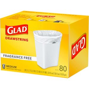 Glad Medium Drawstring Trash Bags, 8 Gallon, White, Fragrance Free, 80 Count, Pack May Vary