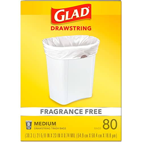 Glad Medium Drawstring Trash Bags, 8 Gallon, White, Fragrance Free, 80 Count, Pack May Vary