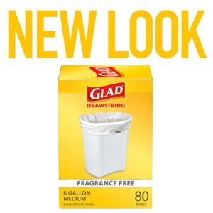 Glad Medium Drawstring Trash Bags, 8 Gallon, White, Fragrance Free, 80 Count, Pack May Vary