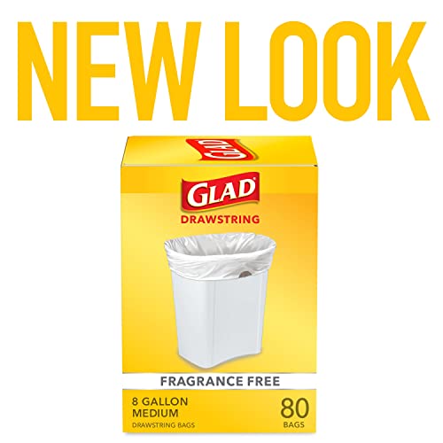 Glad Medium Drawstring Trash Bags, 8 Gallon, White, Fragrance Free, 80 Count, Pack May Vary