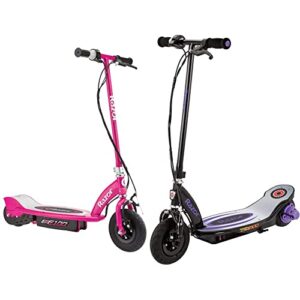 razor 13111261 e100 electric scooter (pink) & power core e100 electric scooter for kids ages 8+ - 100w hub motor, 8" pneumatic tire, up to 11 mph and 60 min ride time, for riders up to 120 lbs